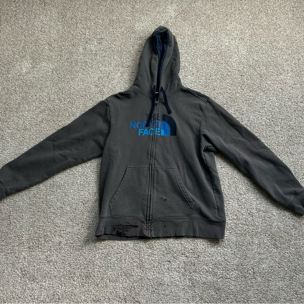 Grey The North Face Hoodie with Blue Logo
